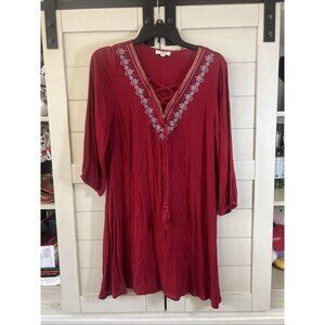 Umgee Women's Geometric Embroidered Flowy Red Lightweight Peasant Dress Size M